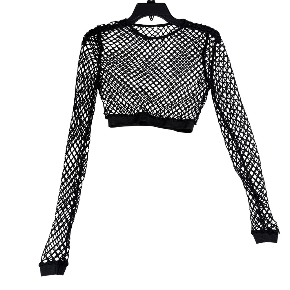 Fishnet Crop Top Women M Black Long Sleeve Mesh Goth Grunge Rave Alt Streetwear